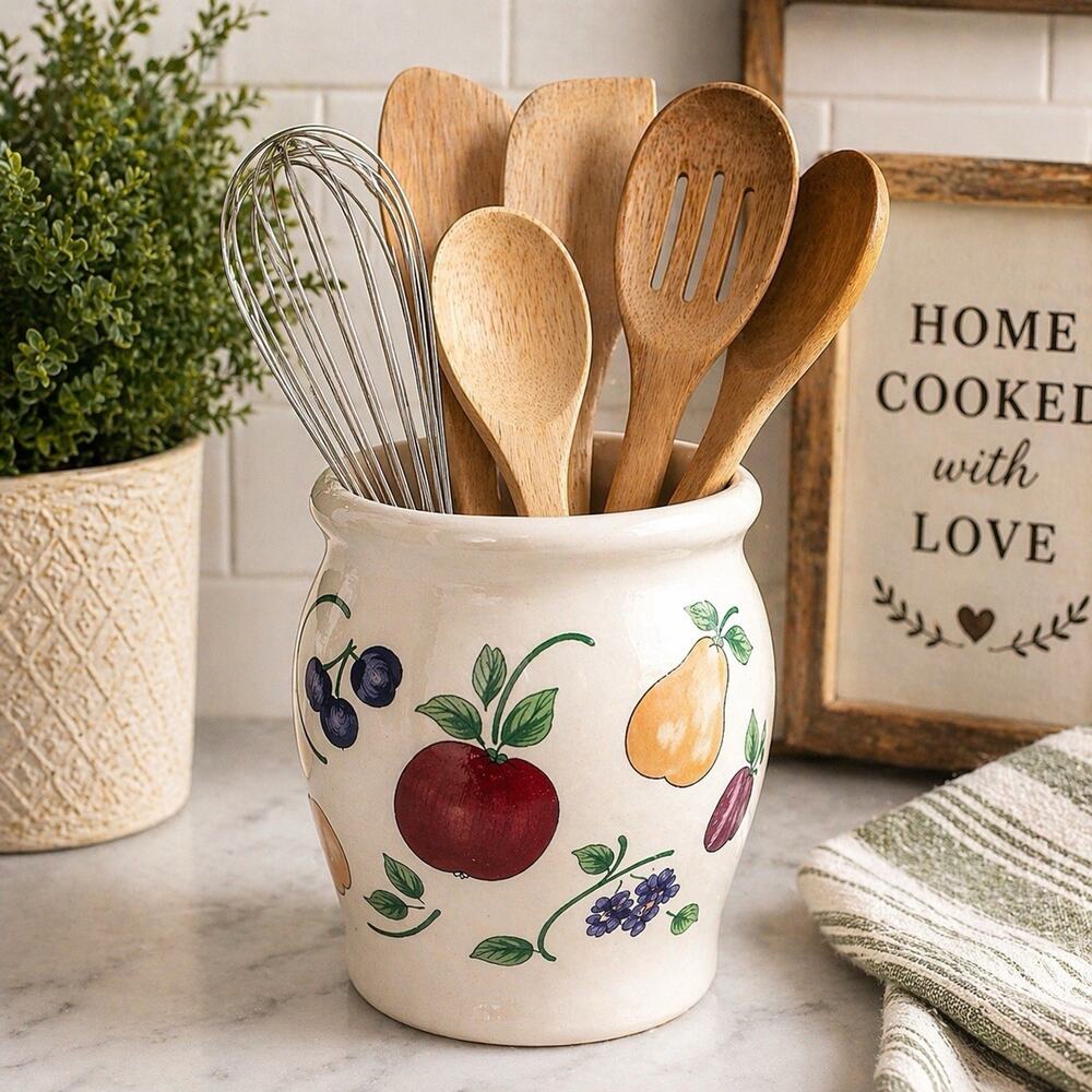 Princess House Orchard Medley Utensil Holder Crock Fruit Ceramic Vase Canister
